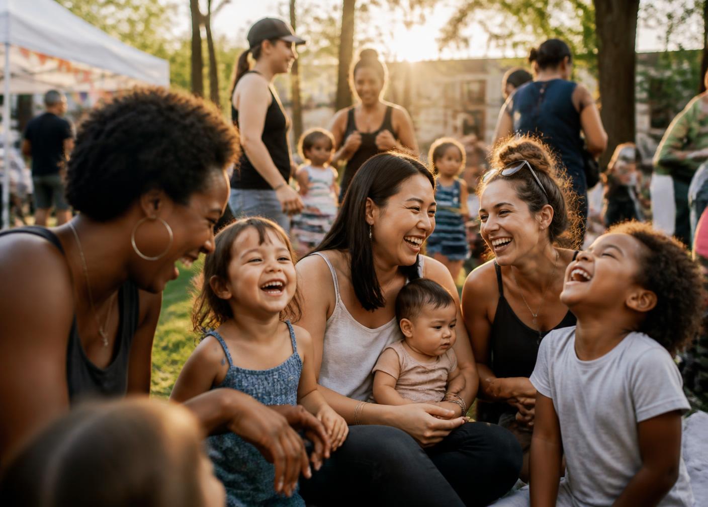 Moms and children gathered at a local park event